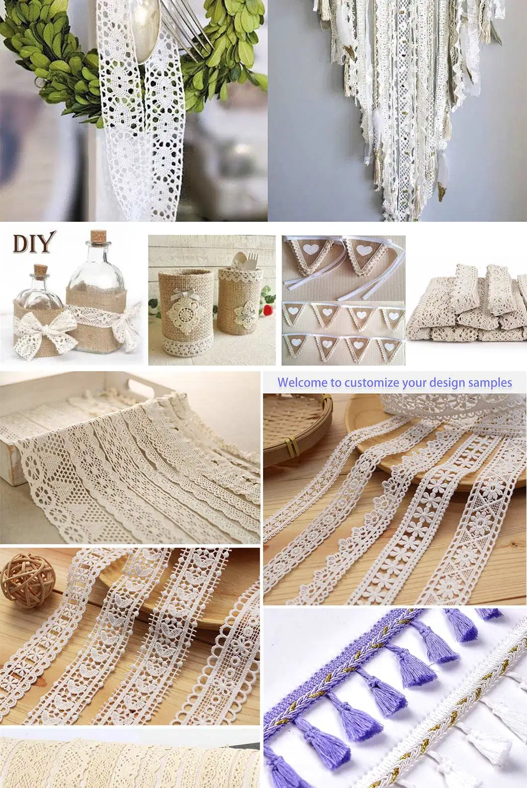 Hot Fix Crystal Rhinestone Beaded Polyester Cotton Lace Trim Fringe Macrame Lace for Skirt Waistband