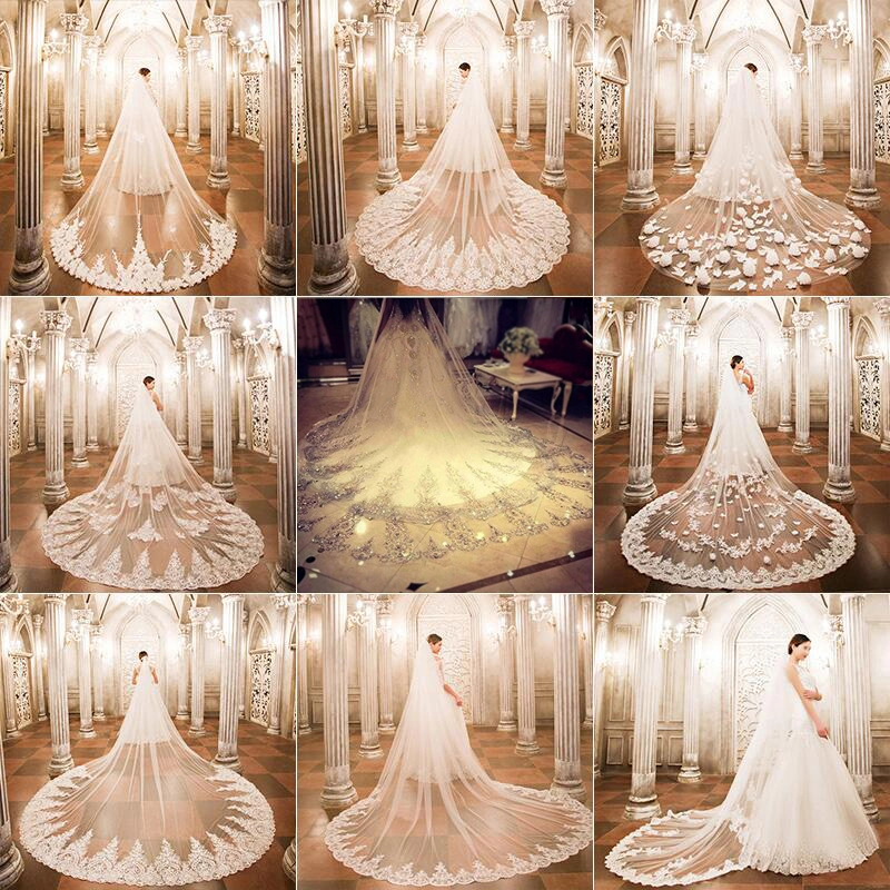 Bridal Wedding Veil Short Cathedral Long Veils Mantilla White Ivory Beaded Lace Bridal Velis Hair Pieces V527