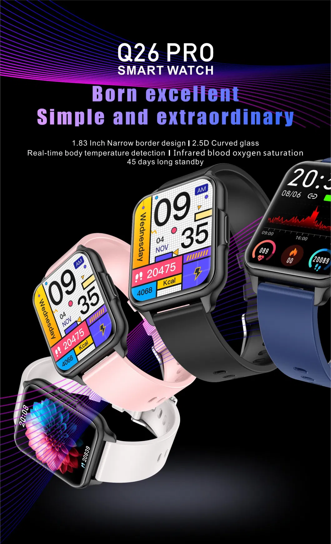 IP68 Waterproof Low Power Consumption Accurate Heart Rate blood pressure SPO2 Monitoring Smart Bracelet with body temperature Q26 Pro