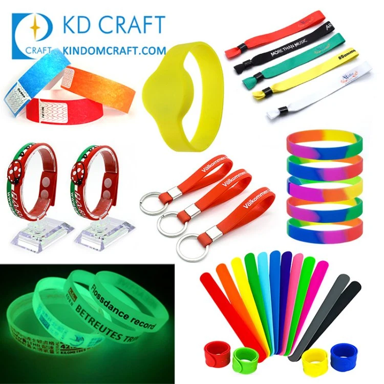 Cheap Custom Logo Woven Festival Elastic Fabric Paper Vinyl Tyvek Event Bracelet Custom PVC Slap Rubber Keychain Glow Silicone RFID Gift Promotional Wristband