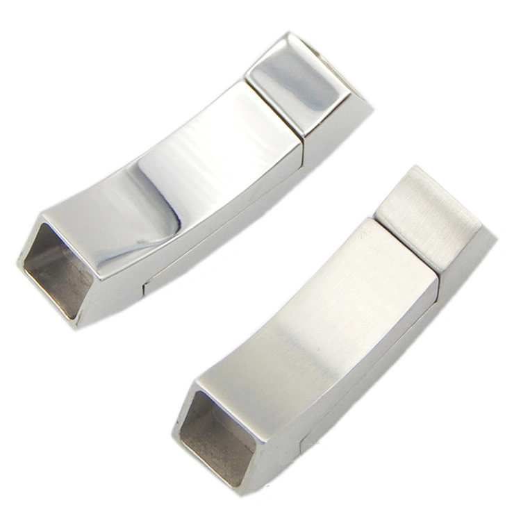 Popular 316L Stainless Steel Shiny/Matt Silver Laser Logo Flat Magnetic Clasp 6.5*7.5mm to Fix The Leather Cord