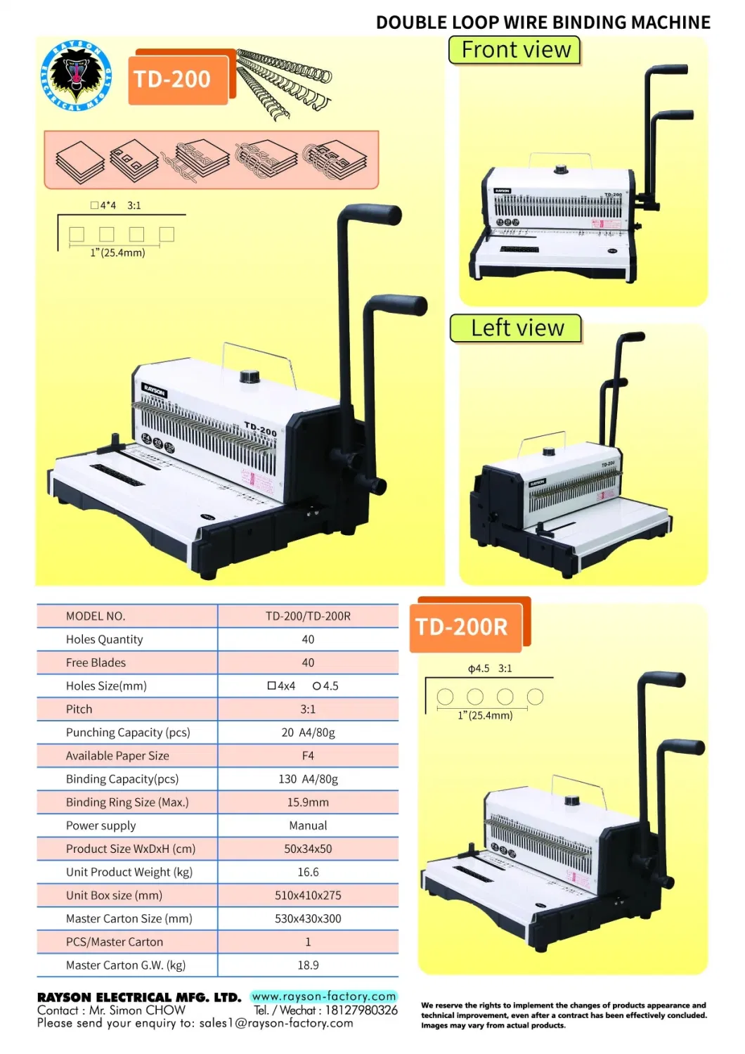 Td-200/Td-200r Rayson 40 Holes Punching Binding Machine Manual Double Loop Wire binder