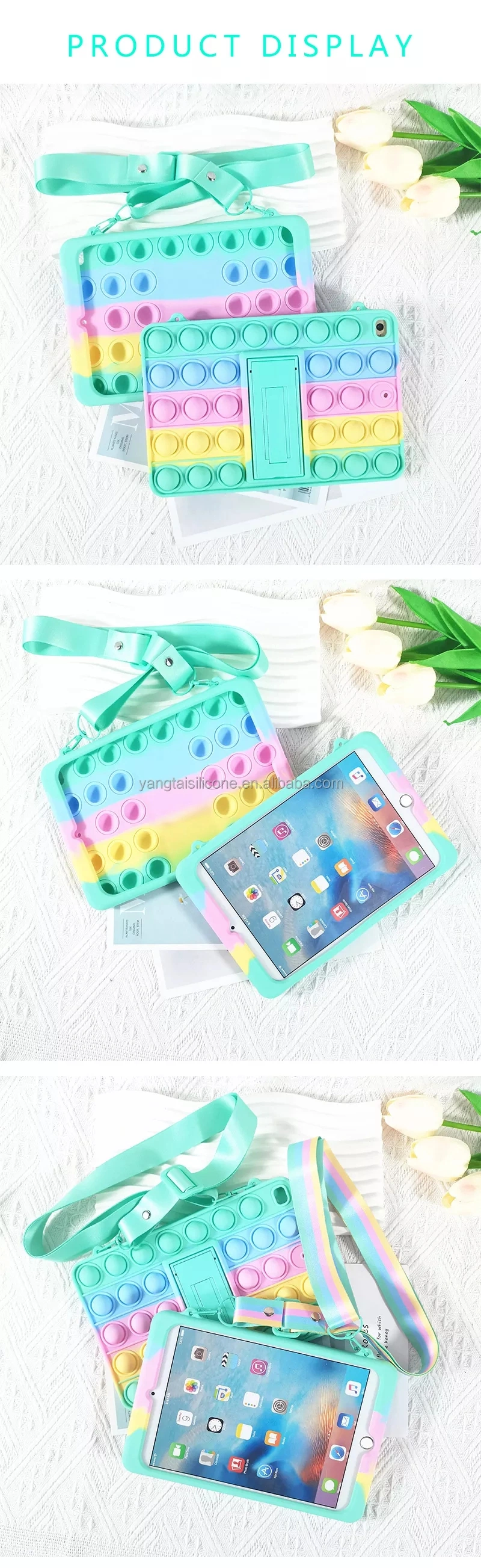 Stress Relief Tablet Case Cover Multi-Functional Relive Stress Pop Fidget Toys Push It Bubble Rainbow Silicone Tablet Case for iPad at Office School Park