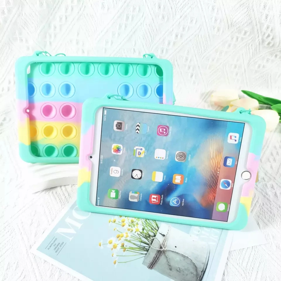 Stress Relief Tablet Case Cover Multi-Functional Relive Stress Pop Fidget Toys Push It Bubble Rainbow Silicone Tablet Case for iPad at Office School Park