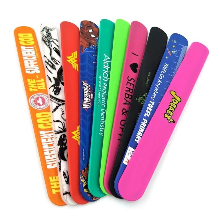 Wholesale Bulk Cheap Eco Friendly Custom Logo Printed Children Snap Wristband Promotional Silicone Slap Ruler Bracelet