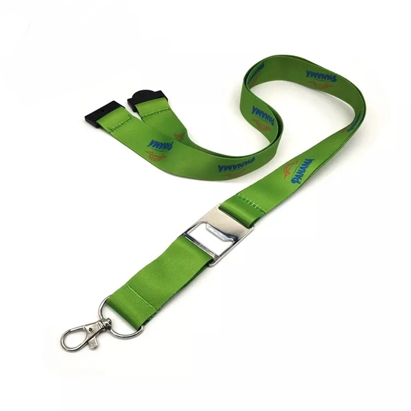 Promotion Custom Grass Green Printed Breakaway Lanyards Safety Beer Bottle Opener Keychain Lanyard with Metal Snap Hook