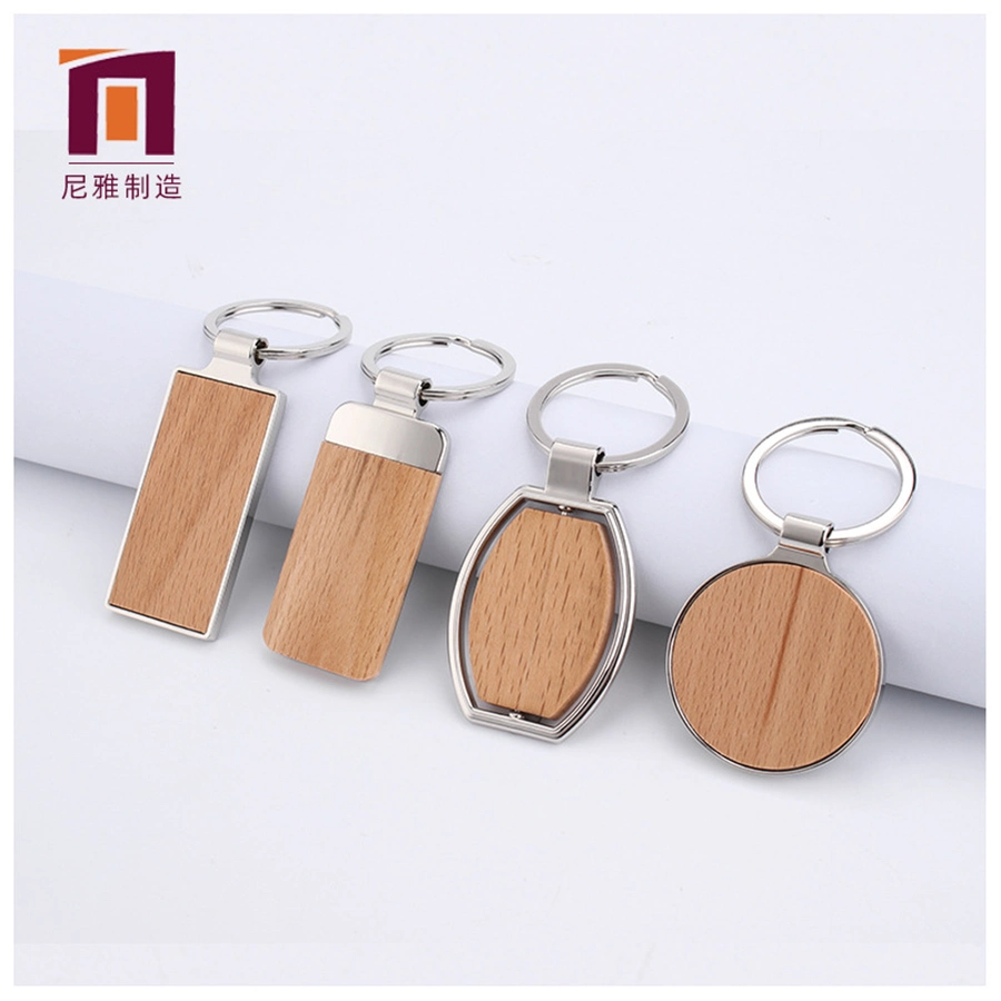 Custom Print Laser Logo Wood Leather Circle Funny Keychain Blank Round Heart Square Shape Wood Wooden Keychain with Box Packing