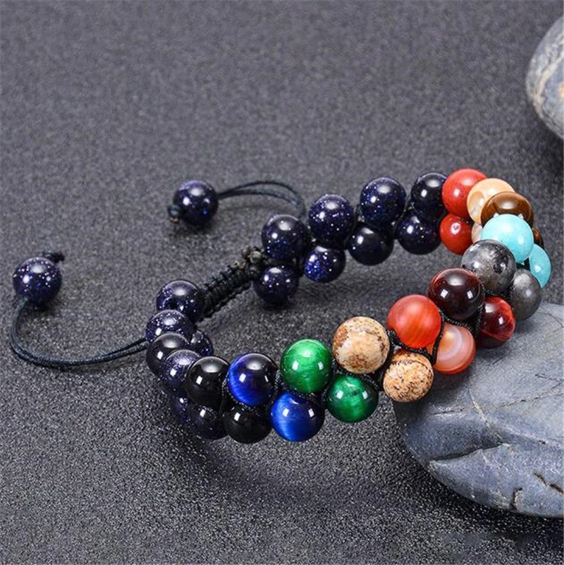 Adjustable Yoga Natural Stone Jewelry Seven Chakra Double Braided Bracelet Energy Volcanic Stone Bracelet