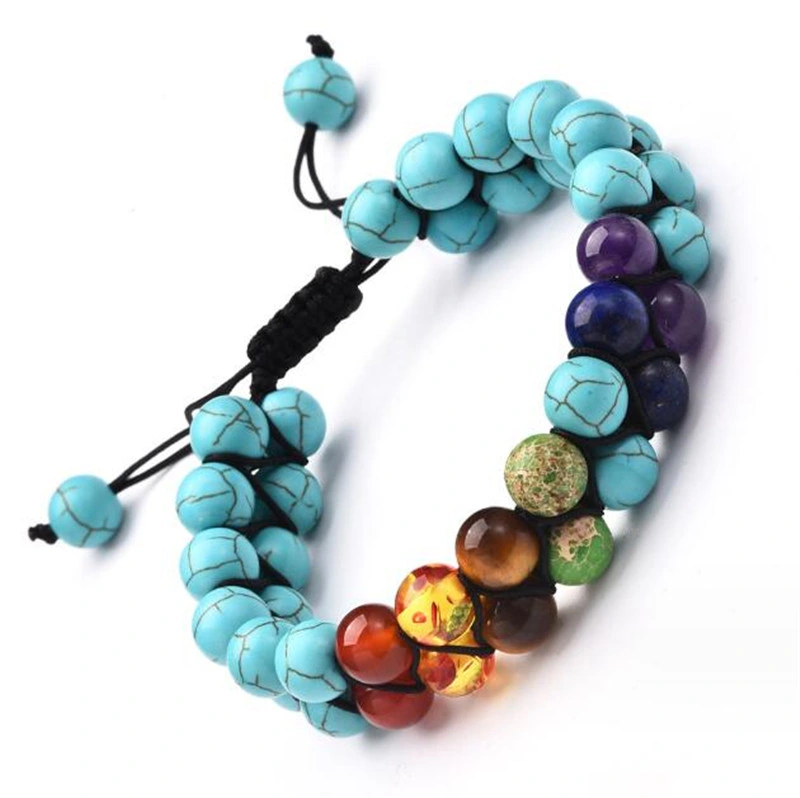 Adjustable Yoga Natural Stone Jewelry Seven Chakra Double Braided Bracelet Energy Volcanic Stone Bracelet