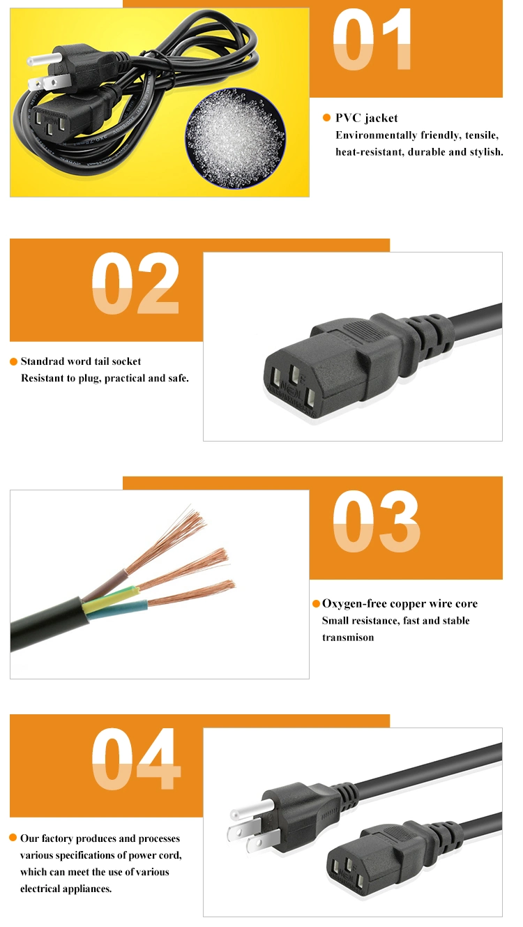 UL/cUL 110V PVC Material 3 Pin Prong IEC C13 USA Plug Female AC Power Cord