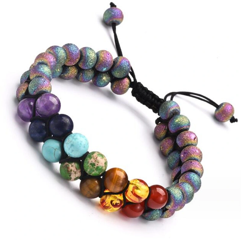 Adjustable Yoga Natural Stone Jewelry Seven Chakra Double Braided Bracelet Energy Volcanic Stone Bracelet