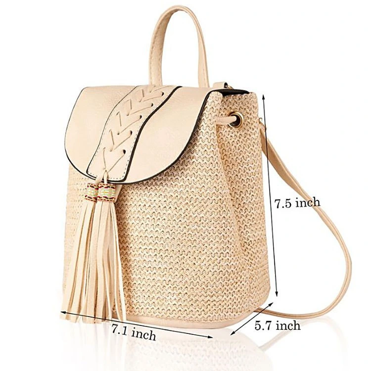 (WD13984) Drawstring Bucket Bag Female Braided Tassel Bag Bohemian Backpack for Women