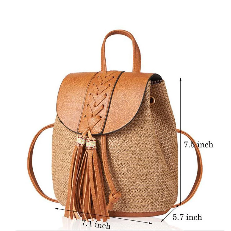 (WD13984) Drawstring Bucket Bag Female Braided Tassel Bag Bohemian Backpack for Women