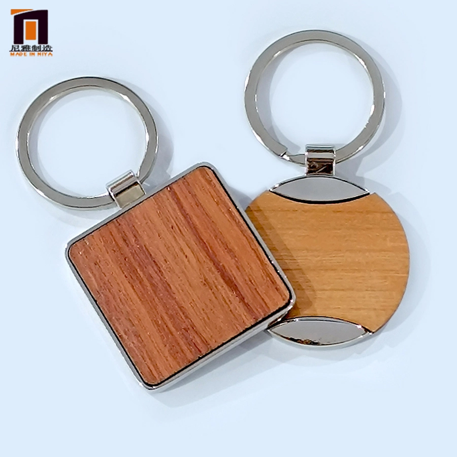 Custom Print Laser Logo Wood Leather Circle Funny Keychain Blank Round Heart Square Shape Wood Wooden Keychain with Box Packing