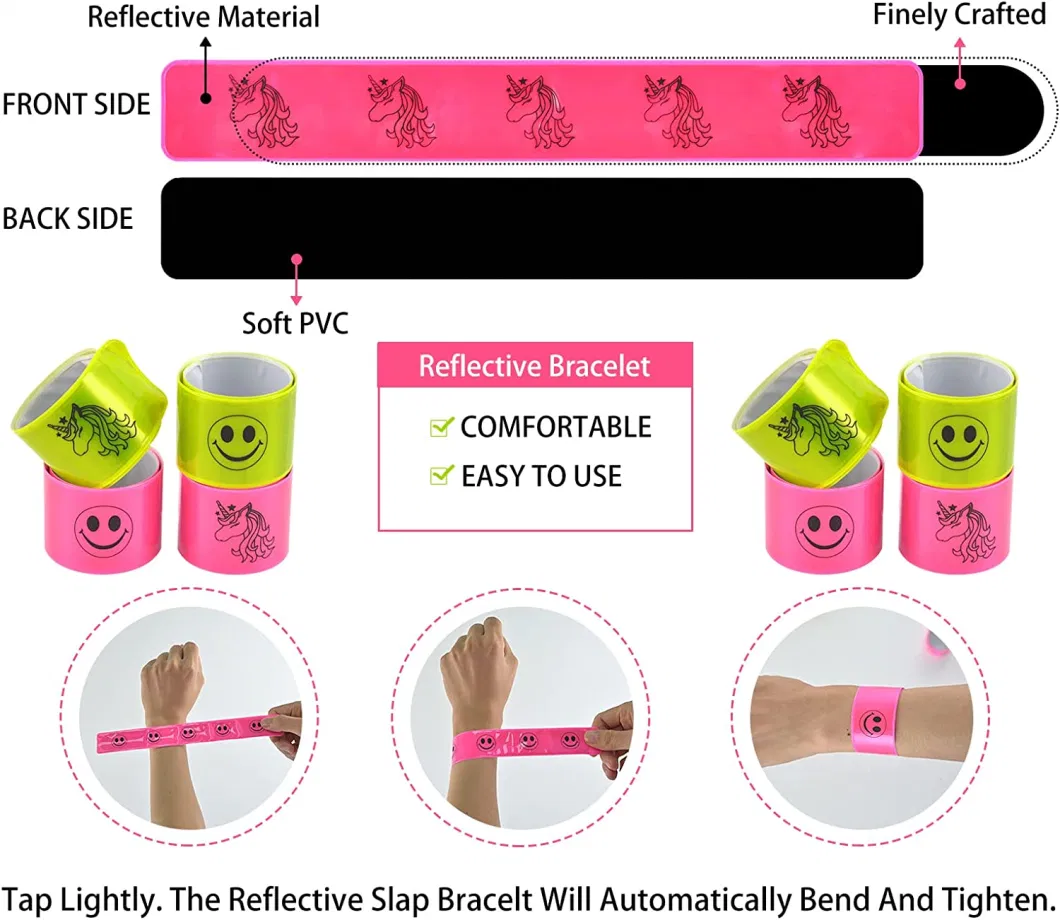 High Visibility PVC Reflective Slap Bracelets for Kids, Customized Printed Fashion Gift Reflector Bands