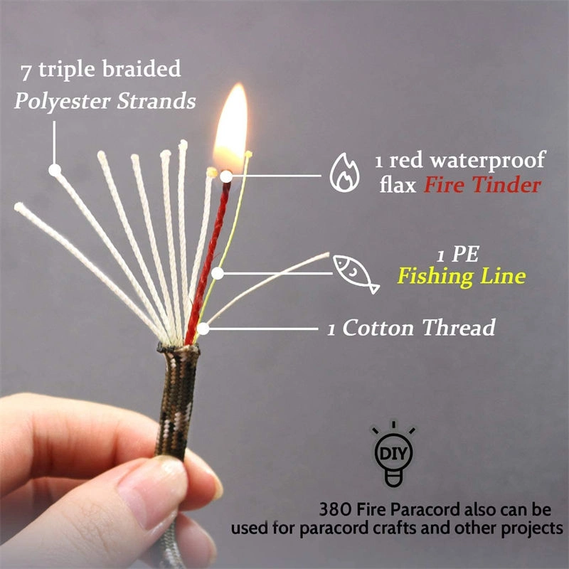 Premium Polyester Paracord Fire Emergency Multi Functional Reliable Survival Paracord Parachute Fire Cord 7 Strands Outdoor Red Tinder Cord