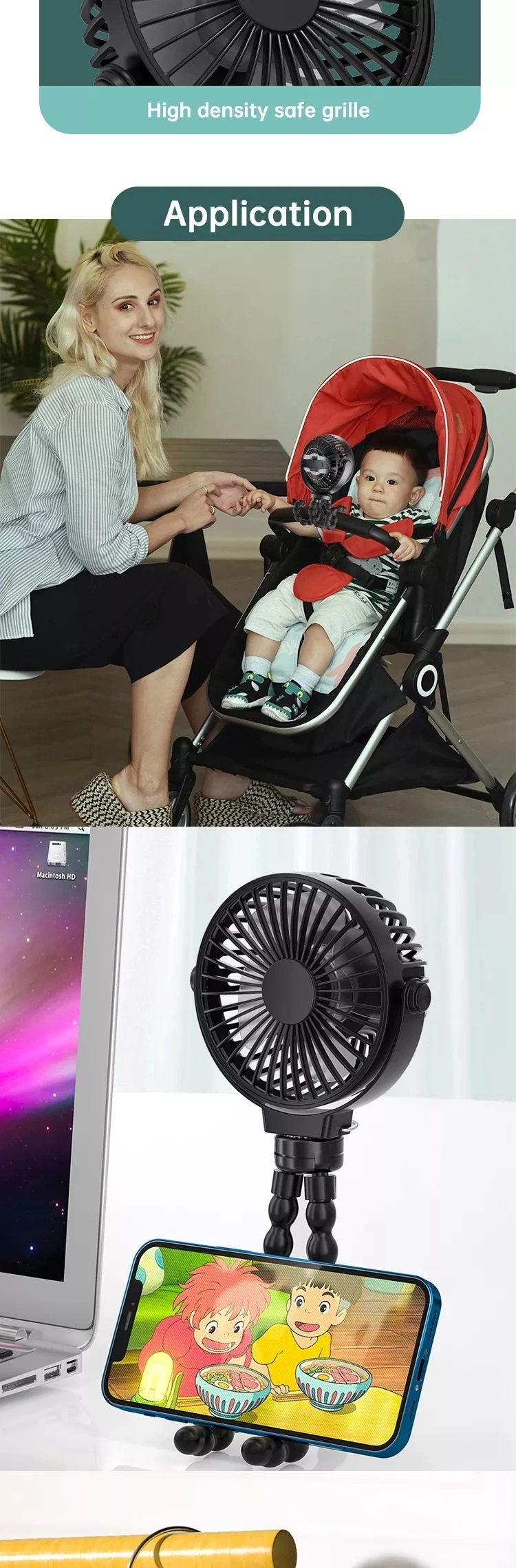 High Quality Cheap Price Brushless Motor USB Rechargeable Portable Flexible Tripod Clip Fan Baby Stroller Fan