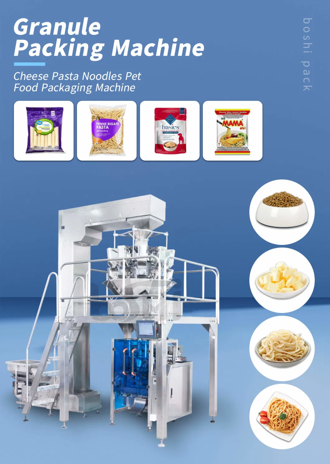 Automatic Vffs Cheese Pasta Noodles Packaging Machine Dog Cat Pet Food Puffs Snack Gummy Candy French Fries Cheetos Groundnut Potato Chips Packing Machine