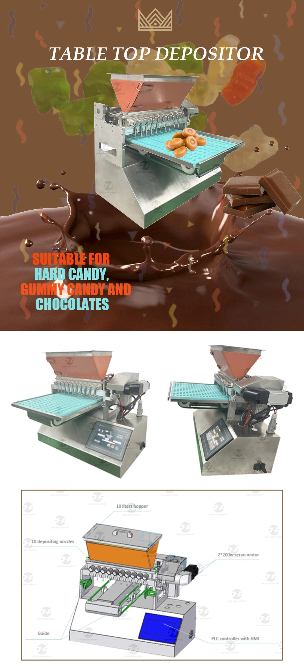 Multifunctional Commercial Chocolate 10 Holes Table Top Depositor Depositing Machine for Hard Candy, Gummy Multi Vitamin Gummies Bear Candy Depositor