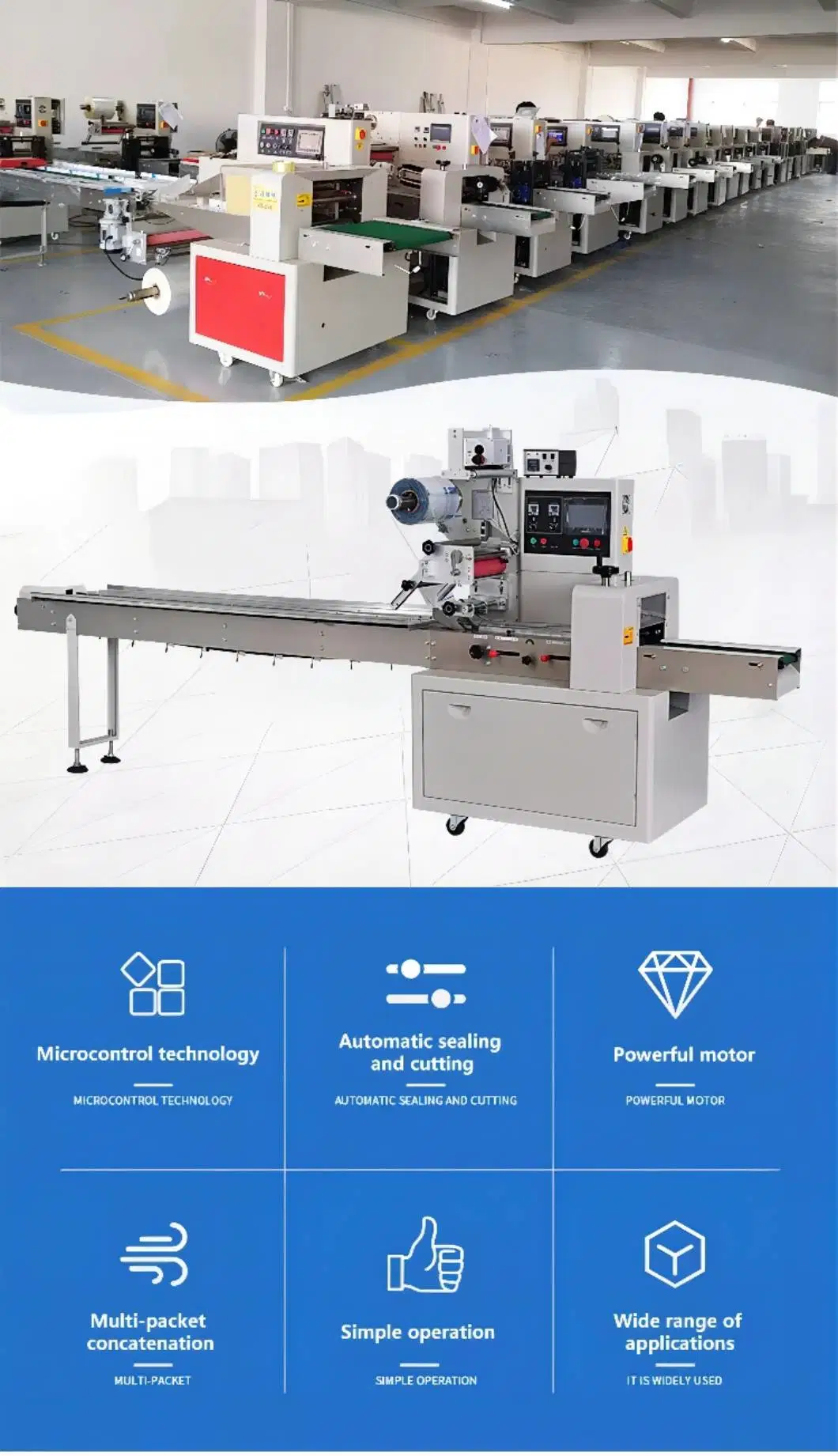 Automatic Intelligence Servo System Feeding Pillow Flow Food Packaging Packing Wrapping Machine for Chocolate Bar and Soft Hard Candy