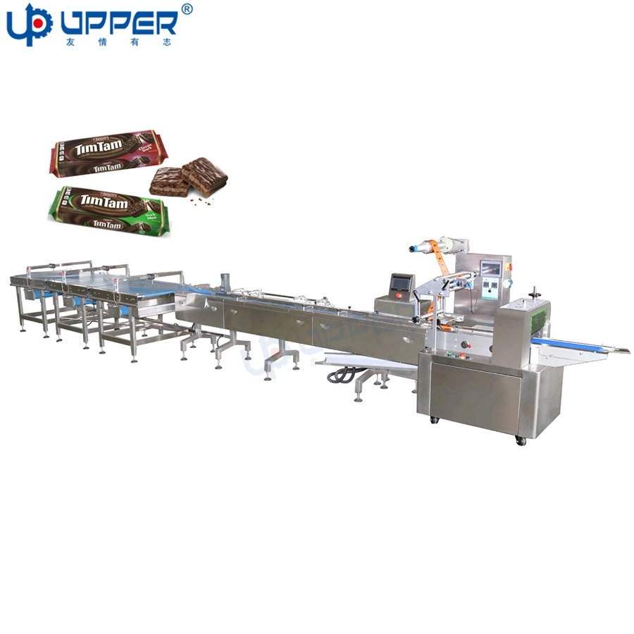 Chocolate Bar Cereal Sweet Candy Biscuit Bread Crackers Sausage Flexible Automatic Feeding and Packaging Line Bag Flow Wrapping Sealing Pouch Packing Machine