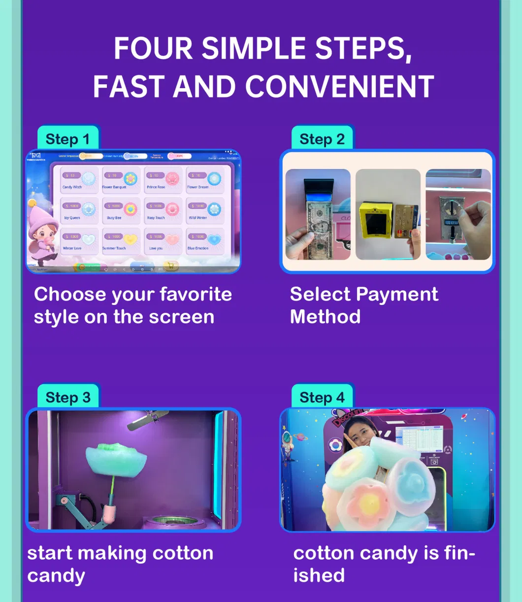 New Style Full Automatic Commercial Cotton Candy Fairy Floss Vending Making Machine with Coin Bill Credit Card Acceptor