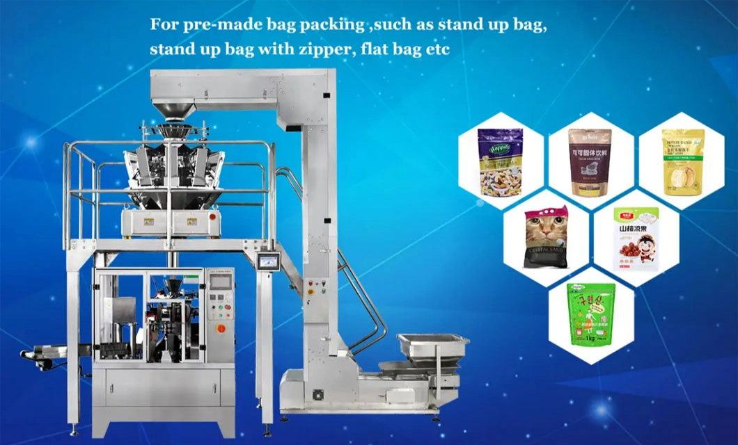 Automatic Rotary Premade Stand up Doypack Zipper Pouch Filling Sealing and Packing Machine, Gummy Candy Chocolate Snack Multihead Packaging Machine