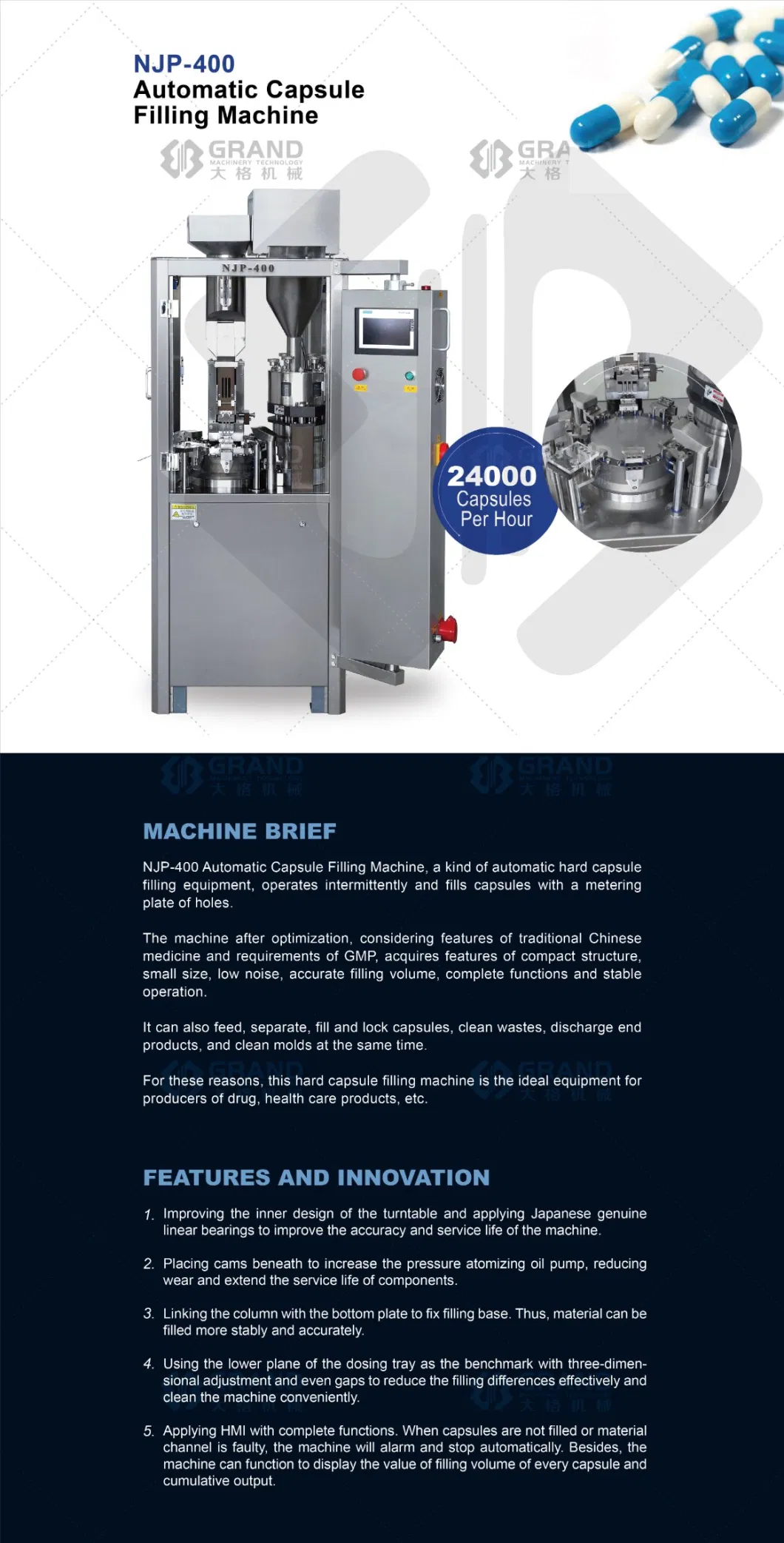 Fully Automatic Pharmaceutical Powder Granule Pellet Empty Hard Gelatine Capsule Filling Making Machine Njp-400