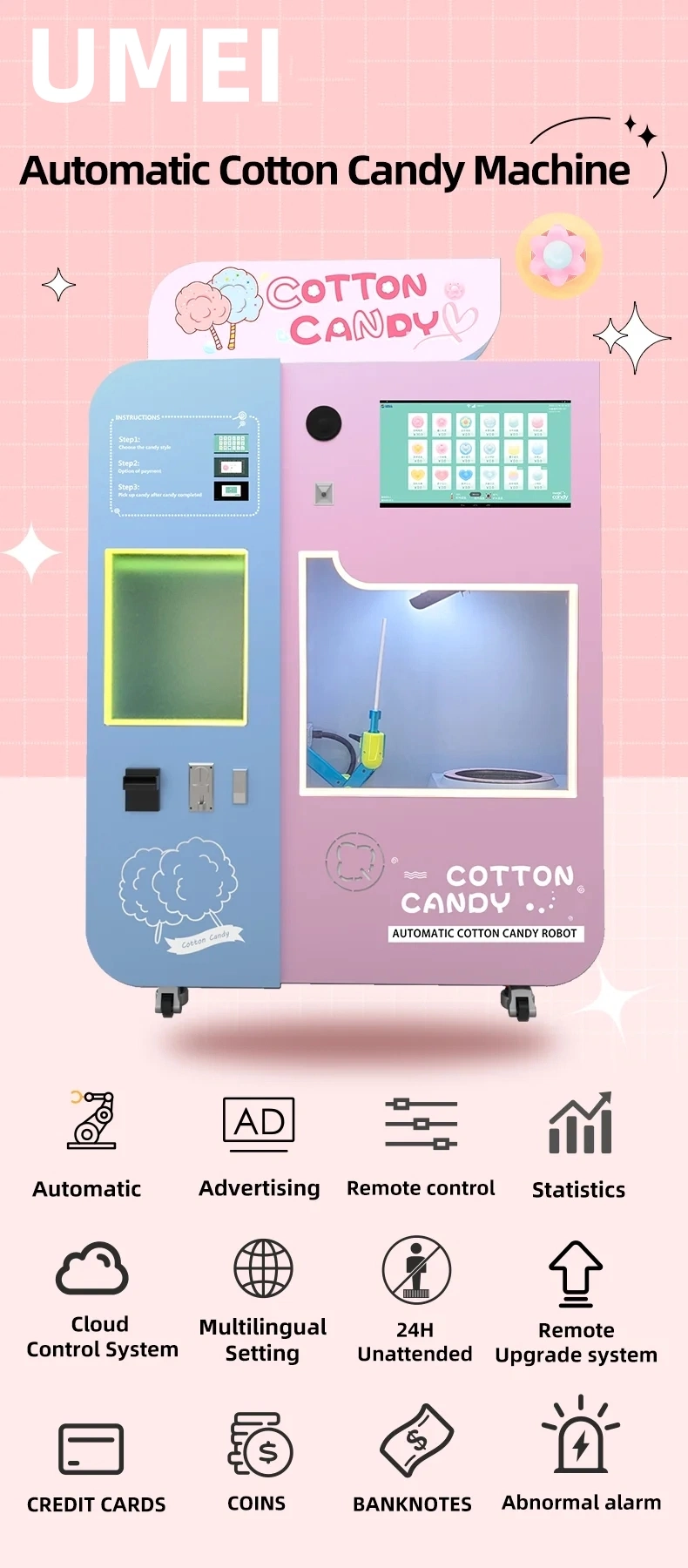 Factory Direct Price New 24 Hours Self Service Automatic Cotton Candy Vending Machine Arcade Sale