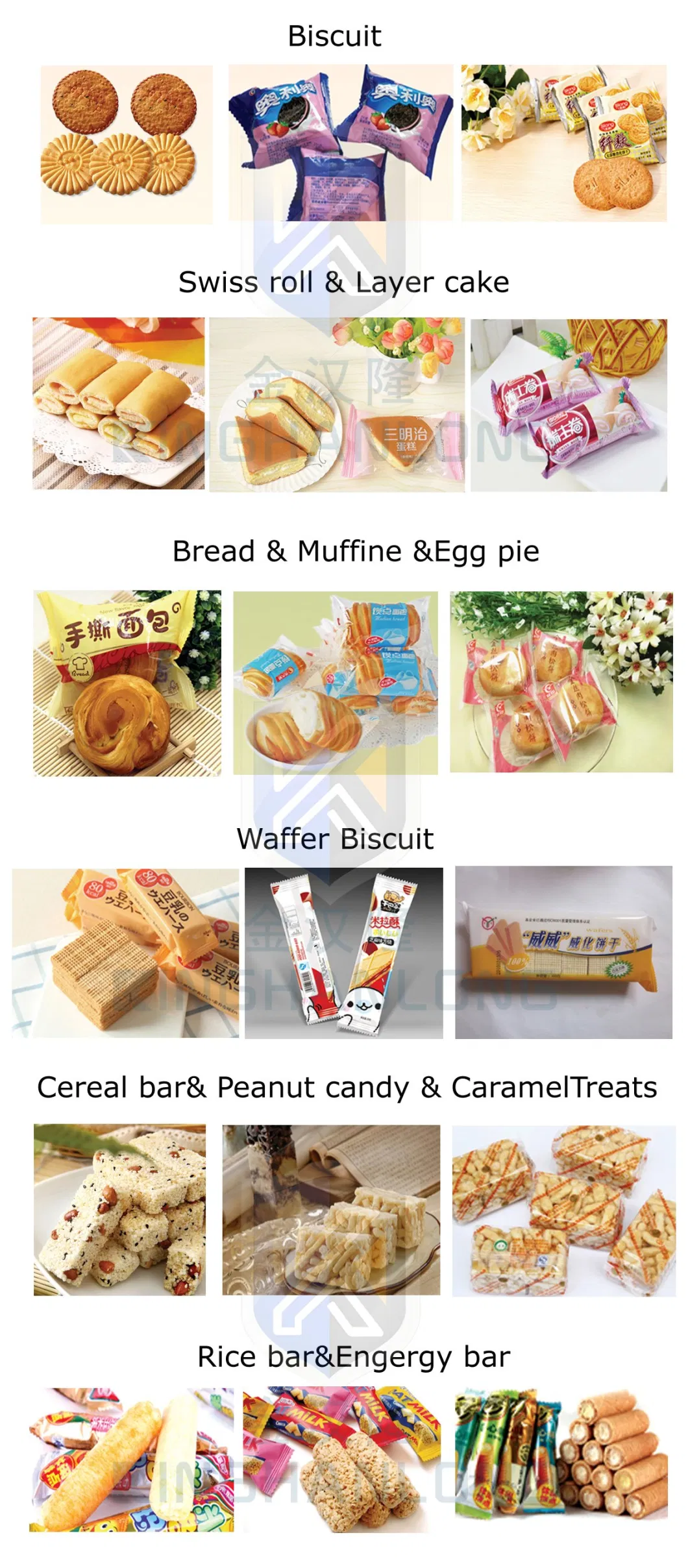 Automatic Food Packing and Feeding Line Form Fill Seal Wrapping Flow Packaging Packing Filling Machine for Caramel Treats, Egg Rolls Wafer Chocolate Pastry