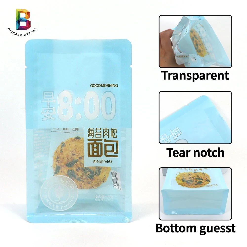 Custom Design Transparent Zipper Stand up Pouch with Window Bread Dried Fruit Flat Bottom Bag