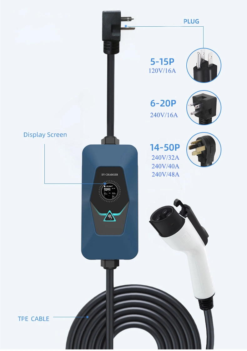 AC240V 3.84kw 16A Type 1 Portable Electric Car EV Charging Station with LCD Display Screen