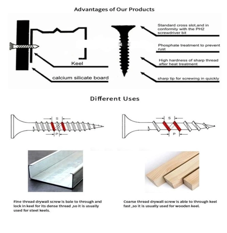 Gypsum Screw Black Phosphate Fine Thread Drywall Screw Zinc Coarse Thread Sharp Point Drill Point Manufacturer