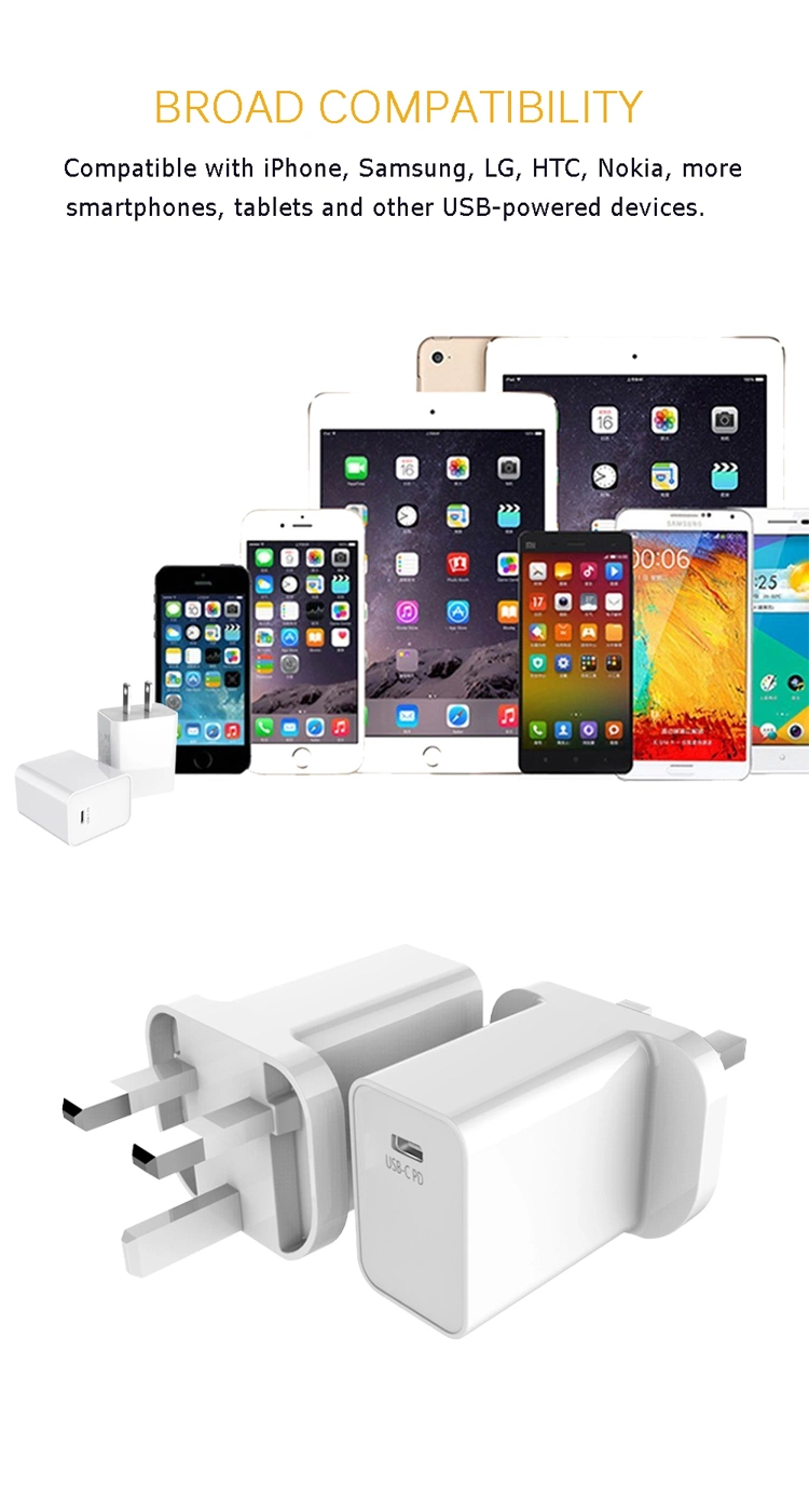 Mobile Phone Charger Fast Travel Charger for Cell Phone 3 Pins UK Wall Mount Adapter USB-C Pd Charger 18W 15W 20W 30W GaN Travel Charger for Smart Phone iWatch