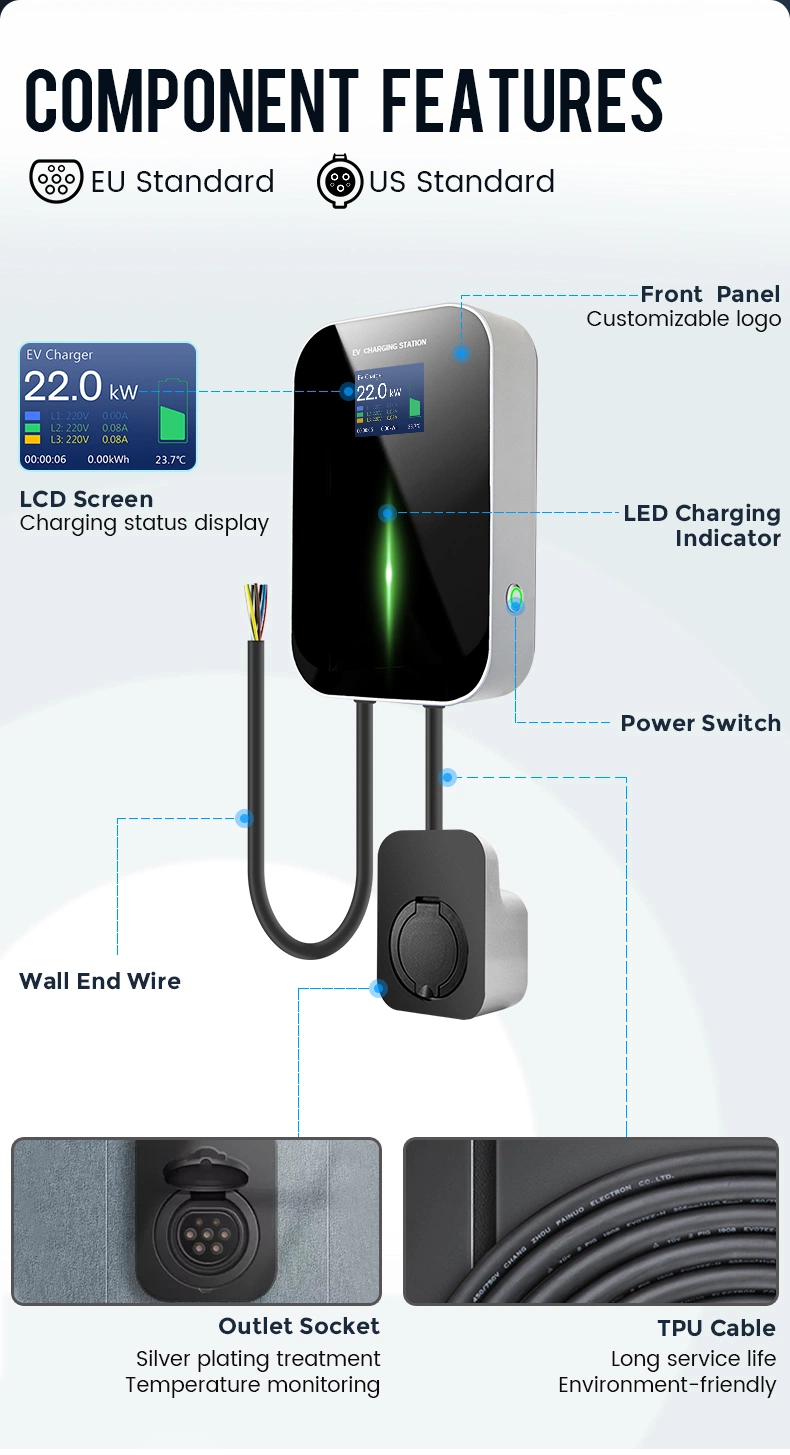 Besen Factory ODM OEM 7kw 11kw 22kw Type 2 IEC62196 Standard Electric Vehicle Fast EV Car Charger Wallbox Charging Station