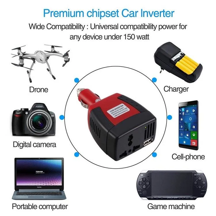 Red Modified Sine Wave 150W DC AC Inverter for Car