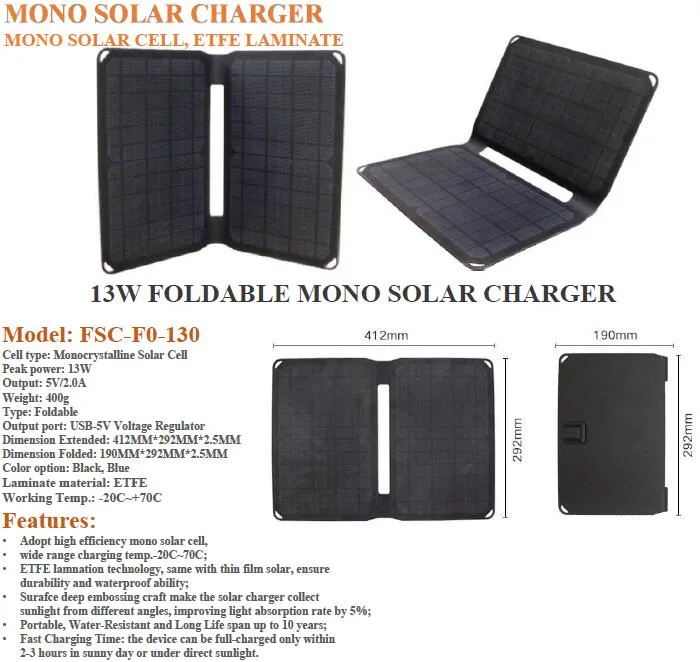 13W 5V Stable USB Solar Charger for Cell Phone (FSC-F0-130)