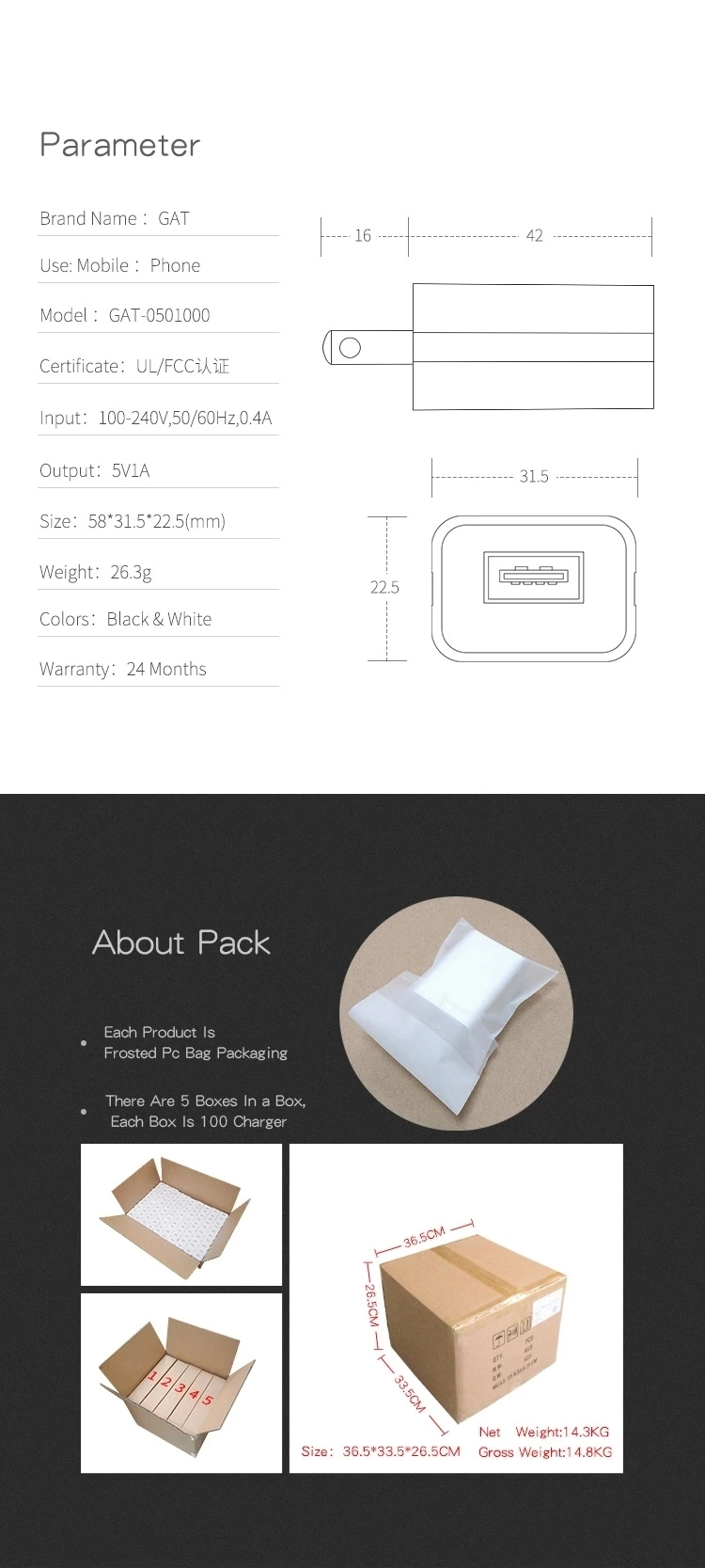 Us Plug 5V 1A 2A 2.4A 2.5A USB Charger Wall Mount Cell Phone Charger with UL FCC Certificates