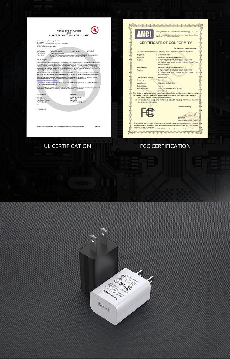 Us Plug 5V 1A 2A 2.4A 2.5A USB Charger Wall Mount Cell Phone Charger with UL FCC Certificates