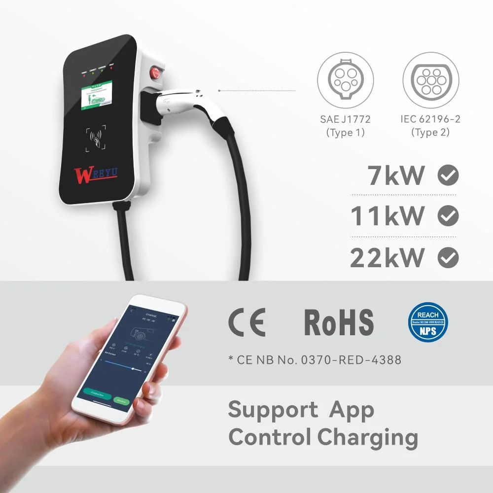 Weeyu 32A 3phase Evse Electric Vehicle Wallbox EV Home Charger IEC62196-2 Wallbox EV Charger Level 2 with Type 2 Socket