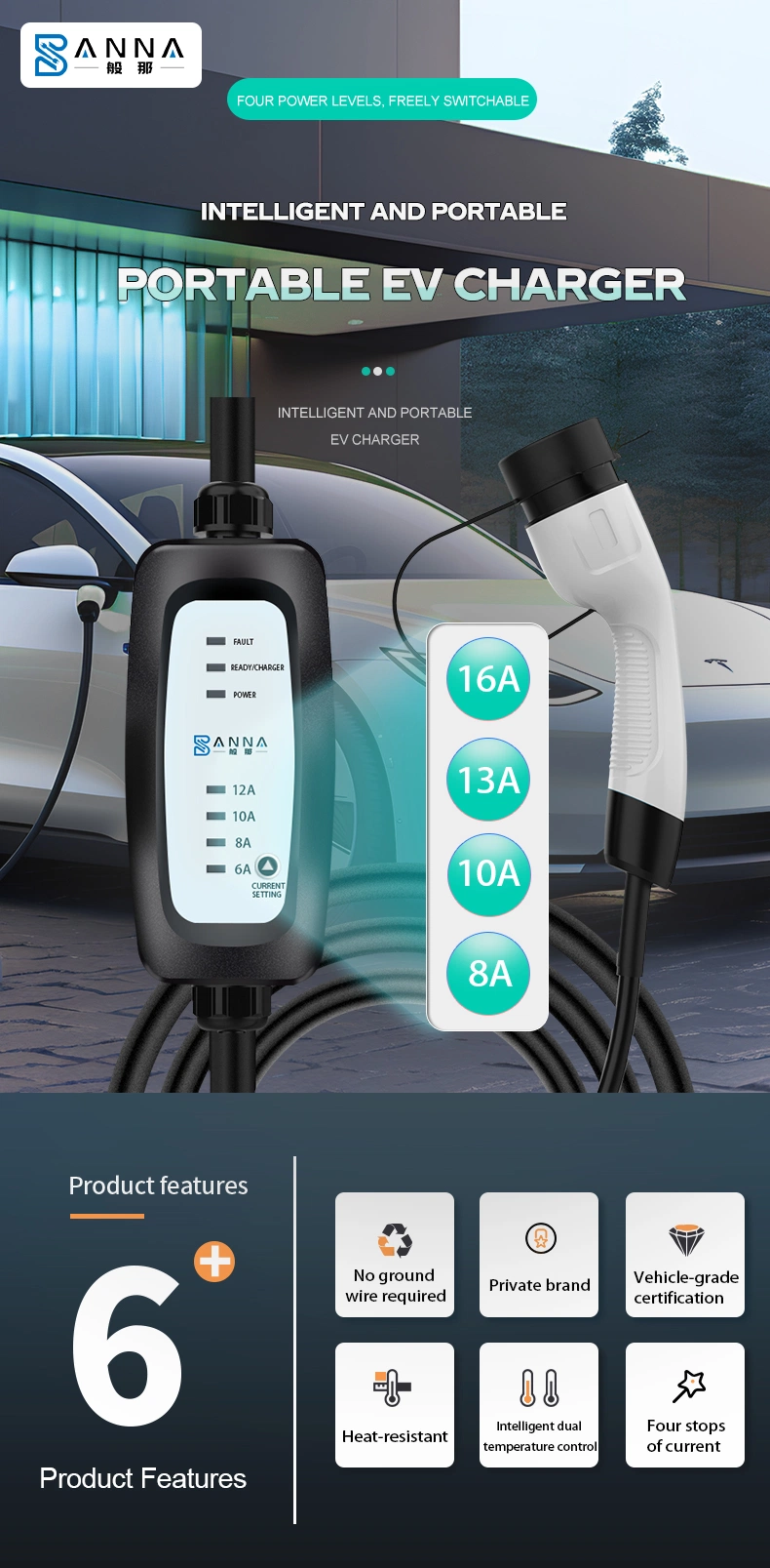 2024 Hot Portable Electric Car Home Use Charger 6~16A Adjustable Current 3.5kw Applicable to Most Electric Vehicles