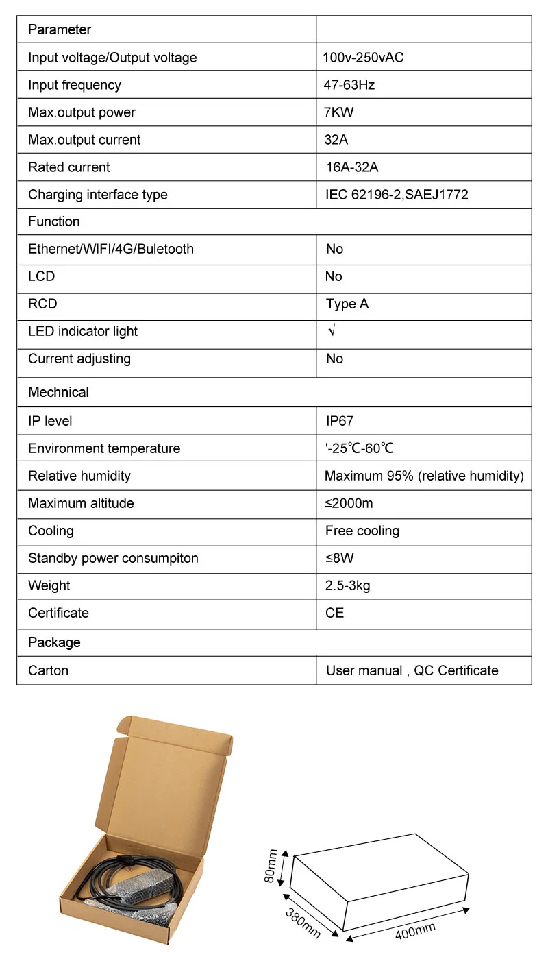 Evtaurus Electric Car 16A 32A Mode 2 Evse Charging Box Level 2 Portable EV Charger Gbt Type 1 Type 2 with Schuko Cee Plug