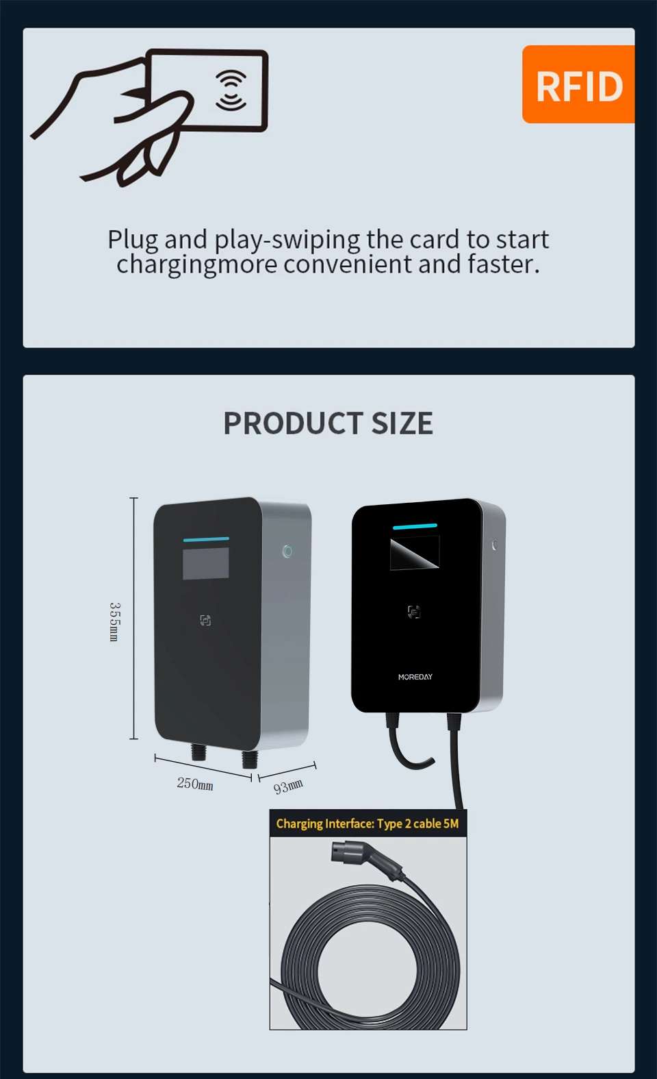 More APP EV Car Charger 32A Evse Wallbox Electric Car Charging Terminal Station 220V 7kw Type 2 Single Phase 6m Cable