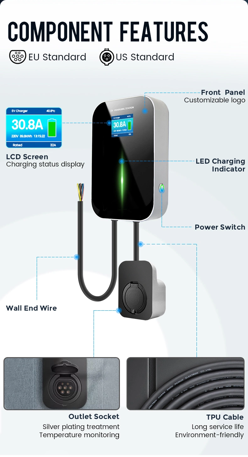 Besen Manufacturer 32A 7kw Mode 3 EV Car Charger APP RFID Ocpp Optional Easy Install Wall Mounted Electric Vehicle Charging Station