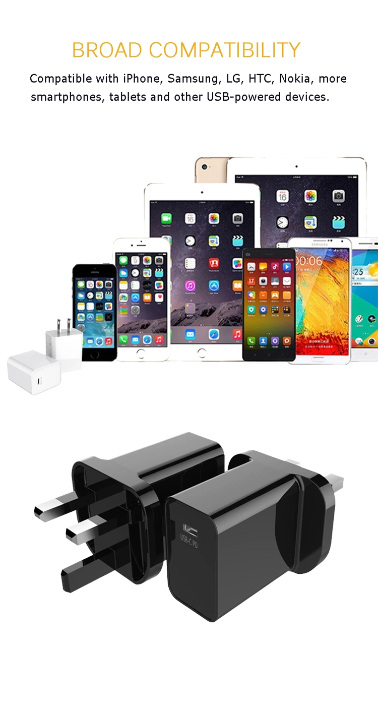 Mobile Phone Charger Fast Travel Charger for Cell Phone 3 Pins UK Wall Mount Adapter USB-C Pd Charger 18W 15W 20W 30W GaN Travel Charger for Smart Phone iWatch