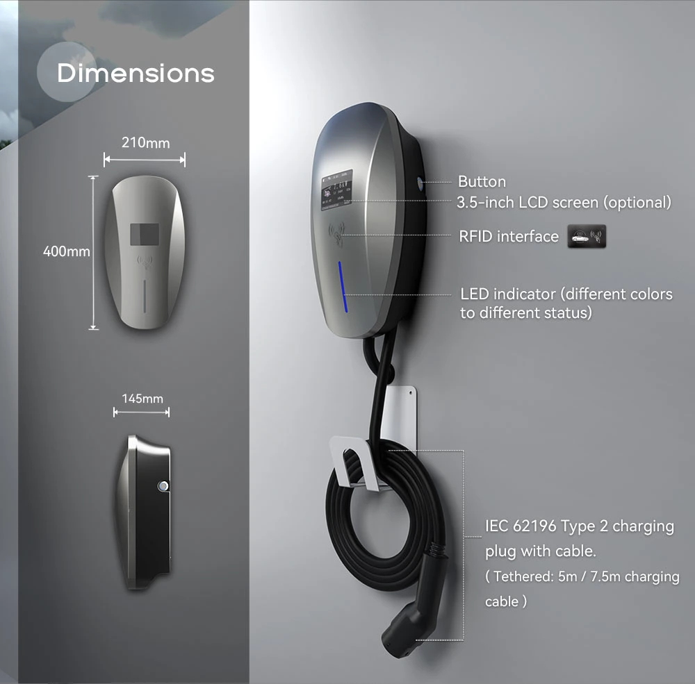 Free Standing 11kw IP65 EV Charger Manufacturer Electric Car Battery Charger with LED Screen and RCD Type B Electric Vehicle Charging Point