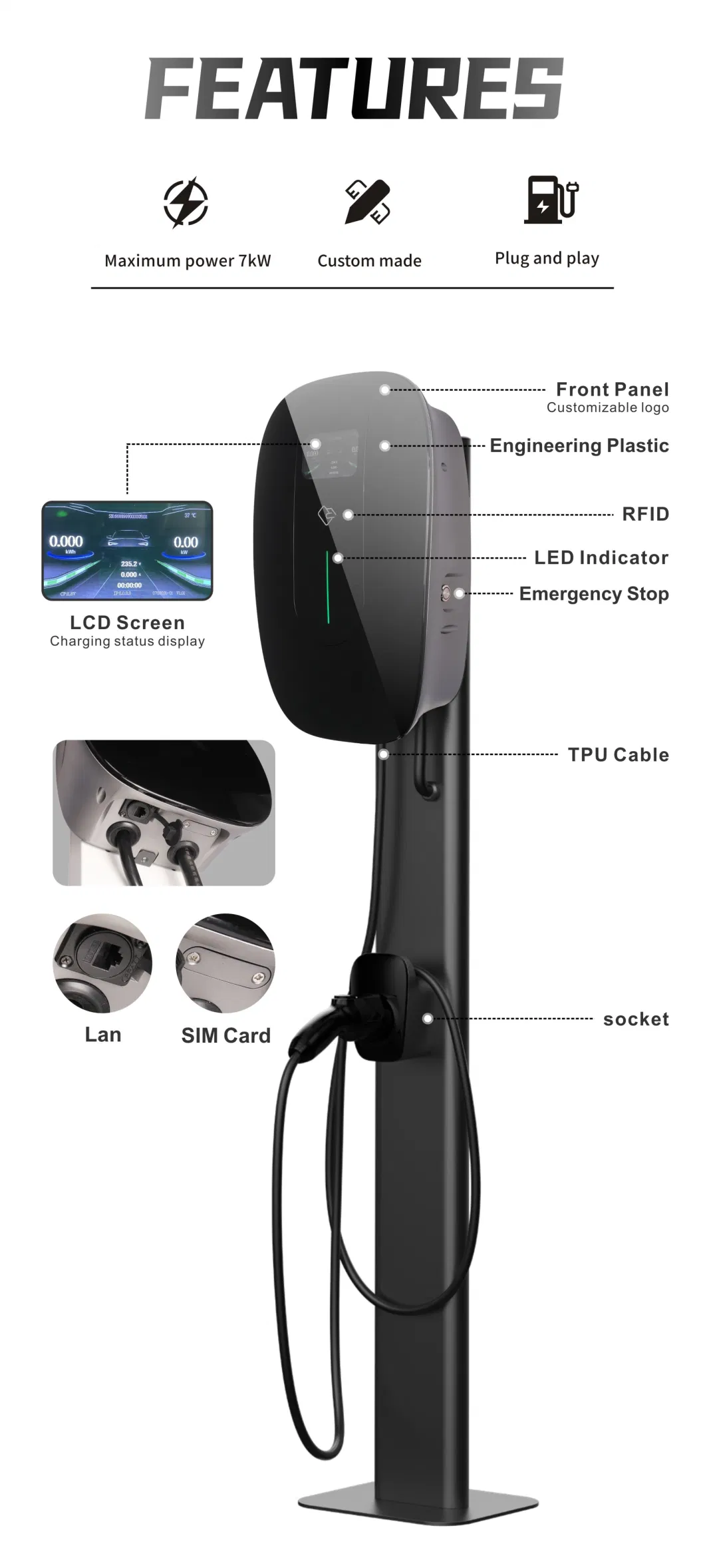 Plastic Shell Factory OEM Single Phase AC Wall Mounted EV Car Charging Station 7kw Home EV Charger APP Control