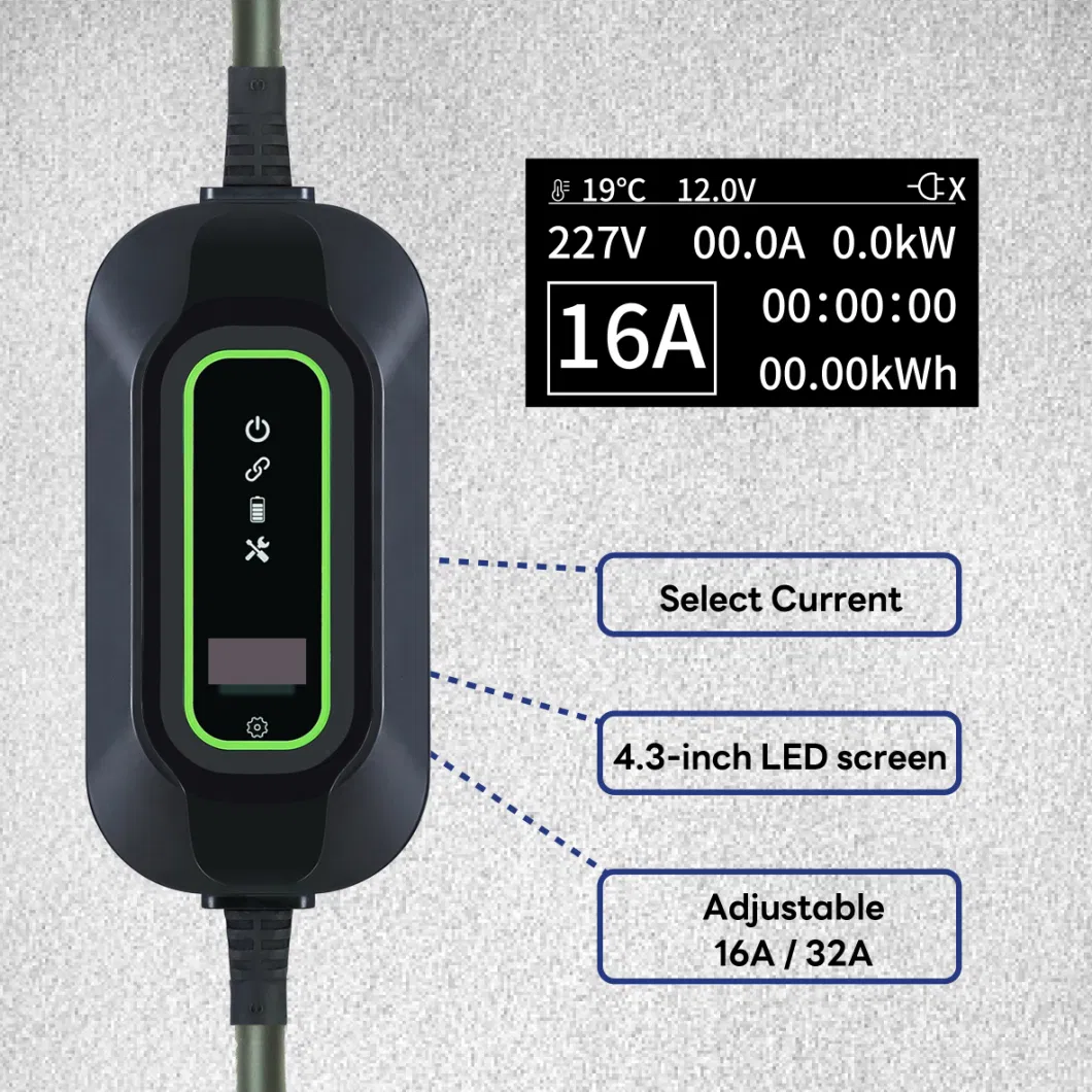 EU Standard Portable Adjustable AC EV Charging Station with LCD Type 2 Mobile IEC 62196 7kw 8A 10A 16A 32 AMP Portable EV Charger