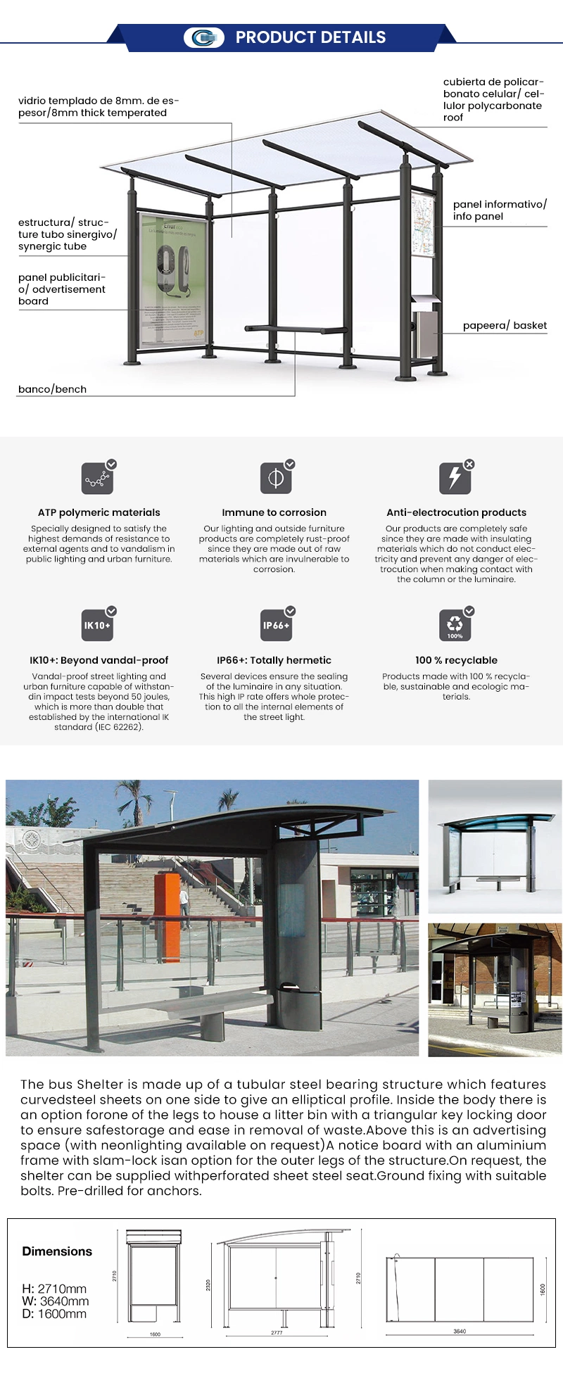 Huasheng China Bus Stop Advertising Shelter Supply Solar Panel Smart Bus Stop Station with Advertising Display Board and Phone Charging Bus Stop Shelter