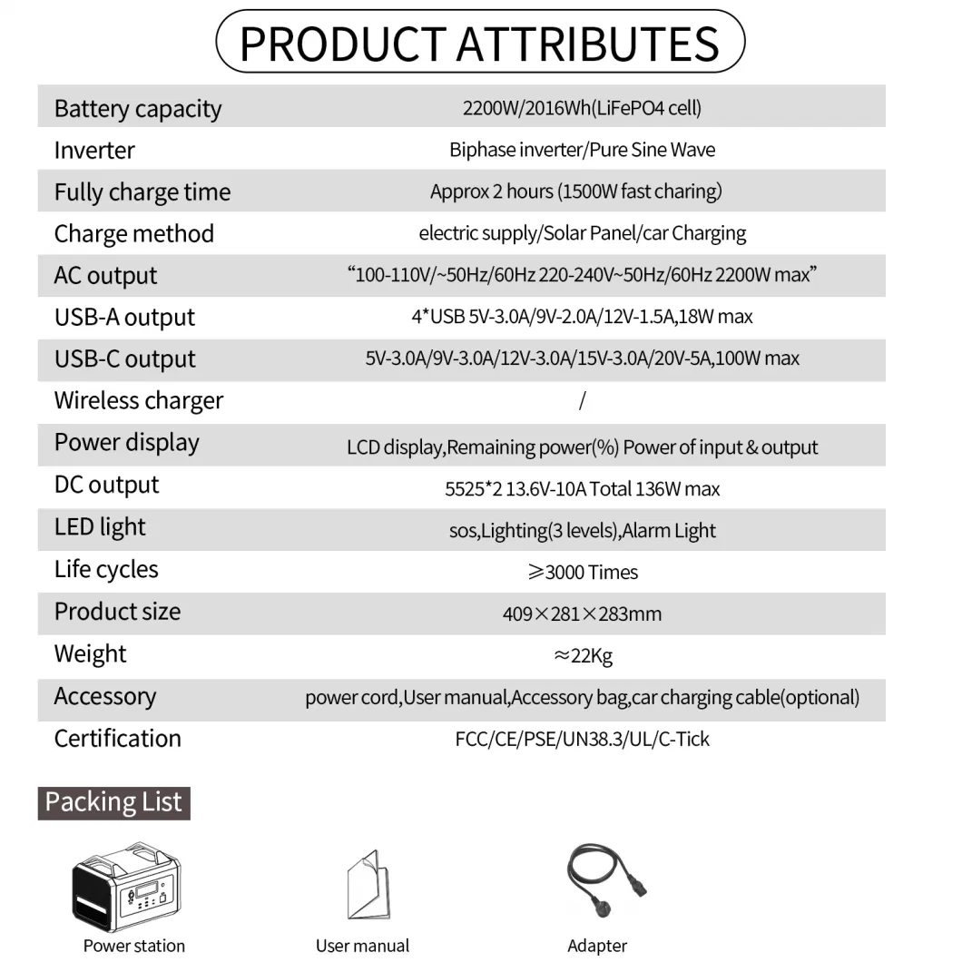 Lithium Battery Rechargeable 2200W Portable Power Storage Station with Solar Panel